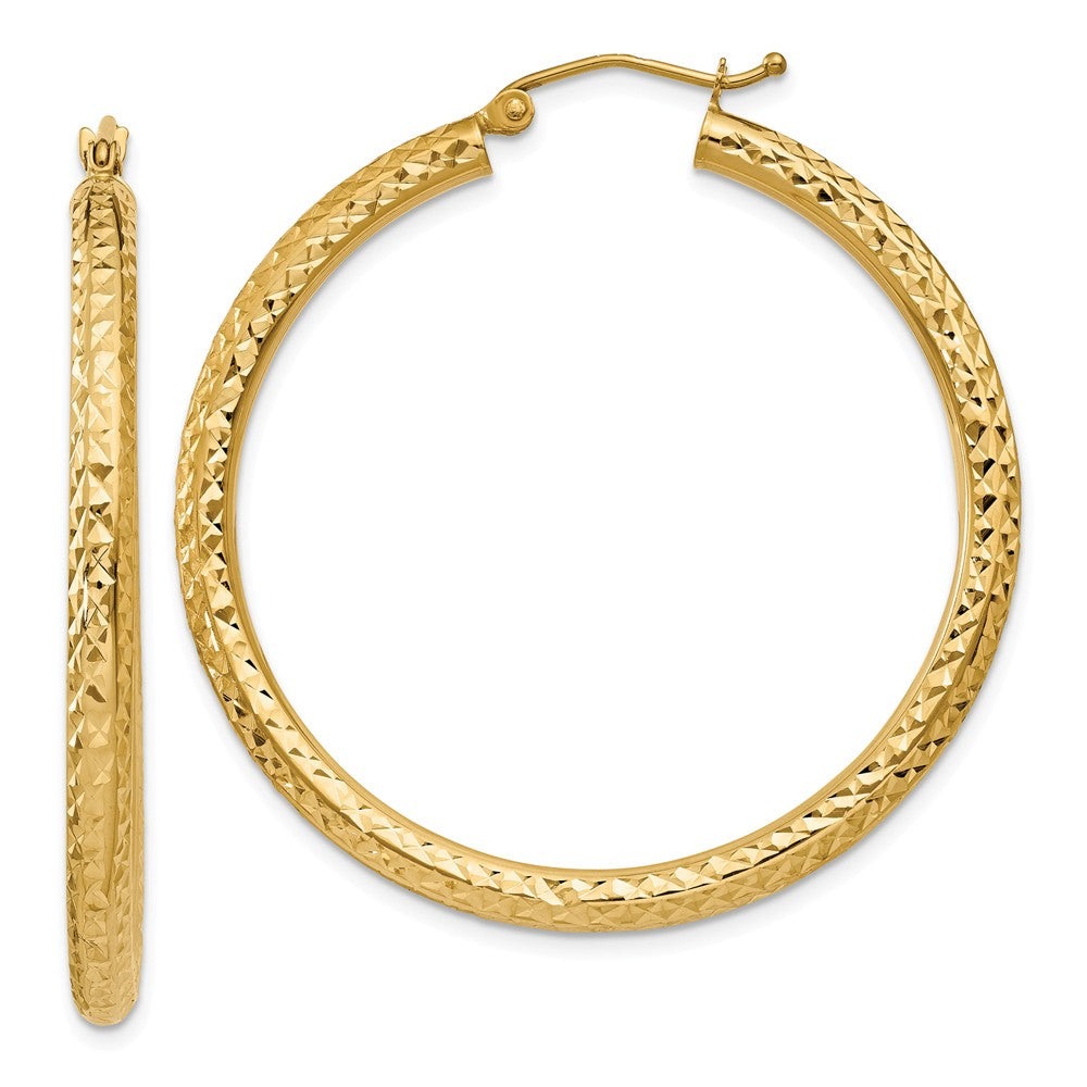 Million Charms 14k Yellow Gold Diamond-cut 3mm Round Hoop Earrings, 40mm x 3mm