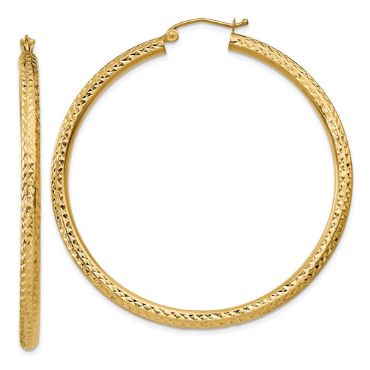 Million Charms 14k Yellow Gold Diamond-cut 3mm Round Hoop Earrings, 50mm x 3mm
