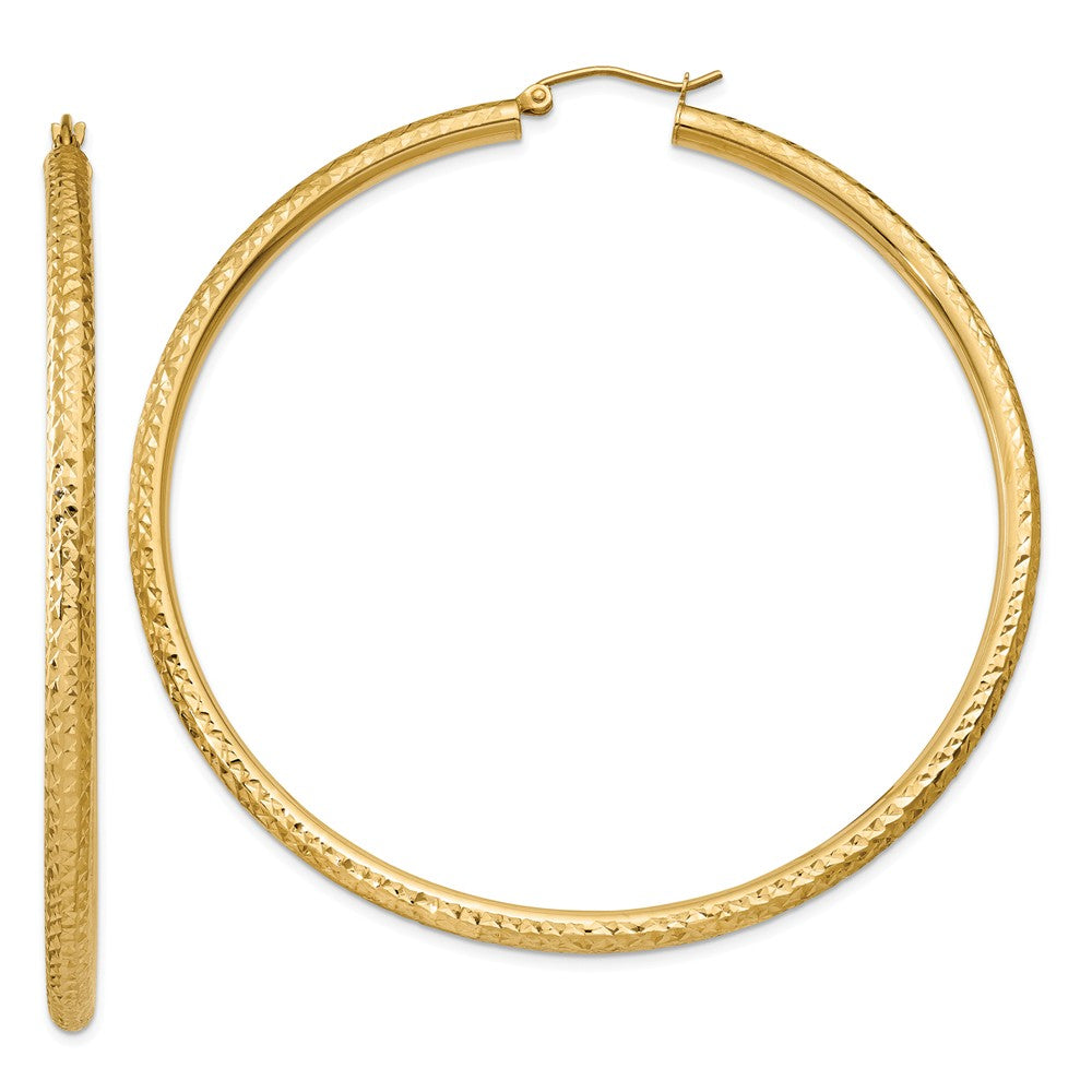 Million Charms 14k Yellow Gold Diamond-cut 3mm Round Hoop Earrings, 65mm x 3mm