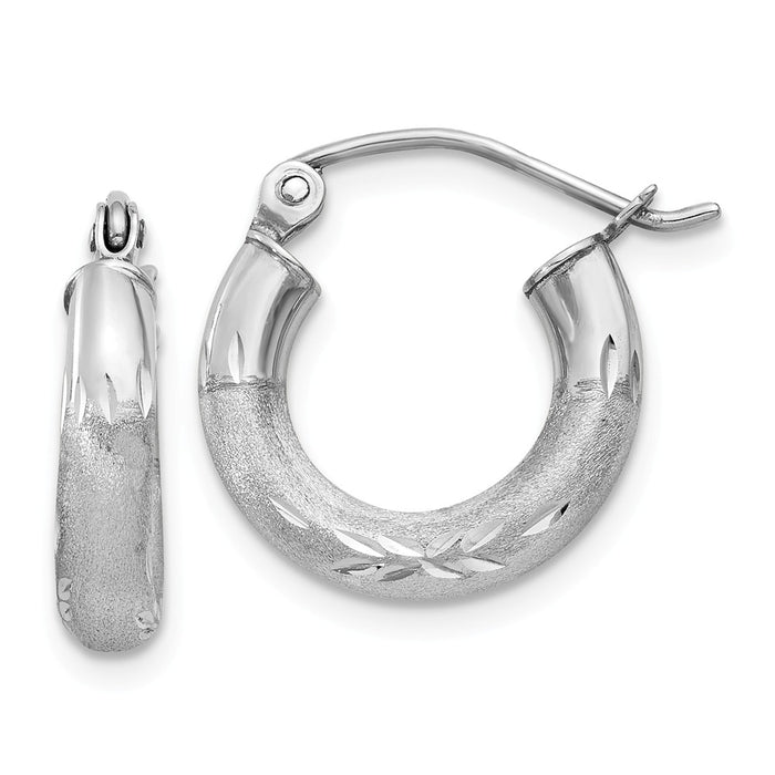 Million Charms 14k White Gold Satin & Diamond-cut 3mm Round Hoop Earrings, 10mm x 2.5mm