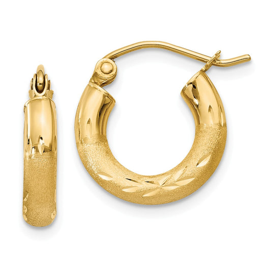 Million Charms 14k Yellow Gold Satin & Diamond-cut 3mm Round Hoop Earrings, 14mm x 3mm