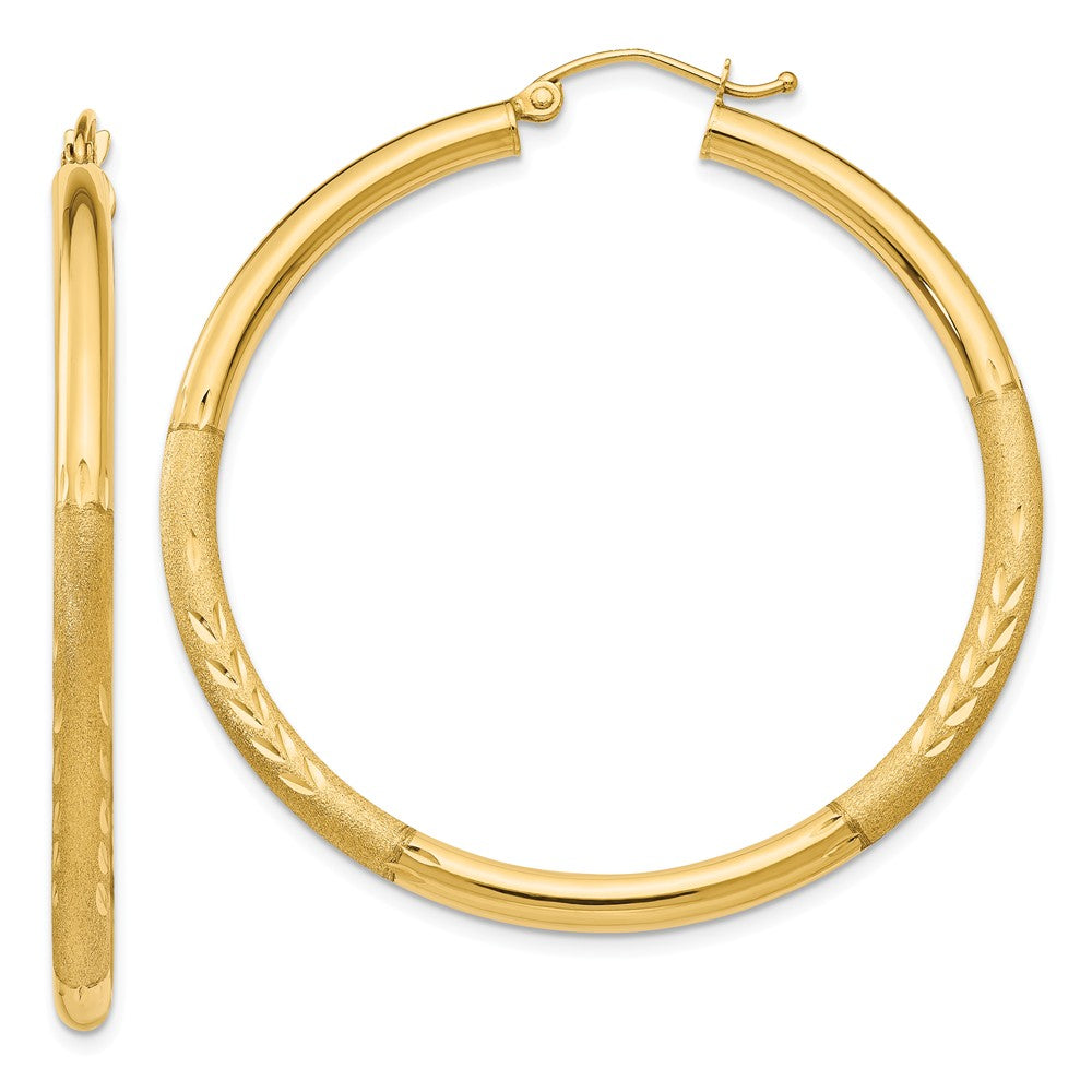 Million Charms 14k Yellow Gold Satin & Diamond-cut 3mm Round Hoop Earrings, 45mm x 3mm