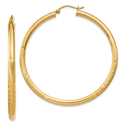 Million Charms 14k Yellow Gold Satin & Diamond-cut 3mm Round Hoop Earrings, 50mm x 3mm