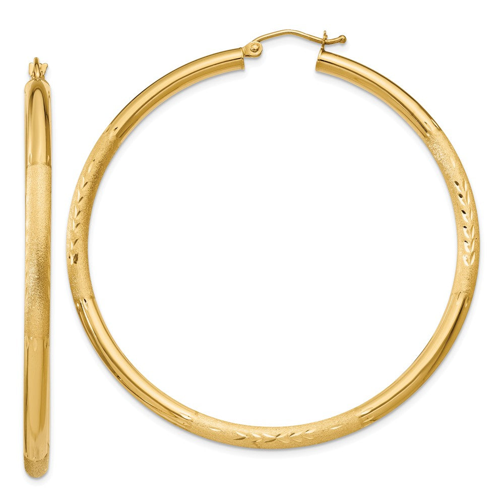 Million Charms 14k Yellow Gold Satin & Diamond-cut 3mm Round Hoop Earrings, 55mm x 3mm