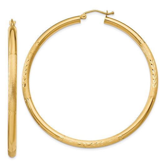 Million Charms 14k Yellow Gold Satin & Diamond-cut 3mm Round Hoop Earrings, 55mm x 3mm