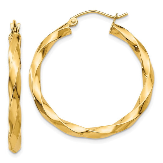 Million Charms 14k Yellow Gold Polished 3mm Twisted Hoop Earrings, 30mm x 3mm