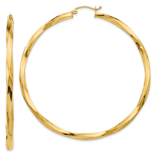 Million Charms 14k Yellow Gold Polished 3mm Twisted Hoop Earrings, 60mm x 3mm