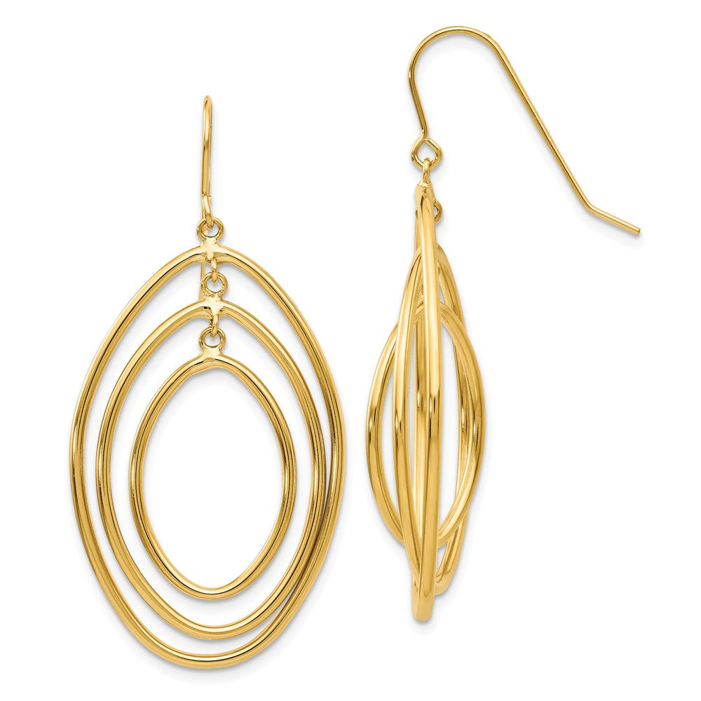 Million Charms 14k Yellow Gold 3 Ring Dangle Wire Earrings, 45mm x 23mm
