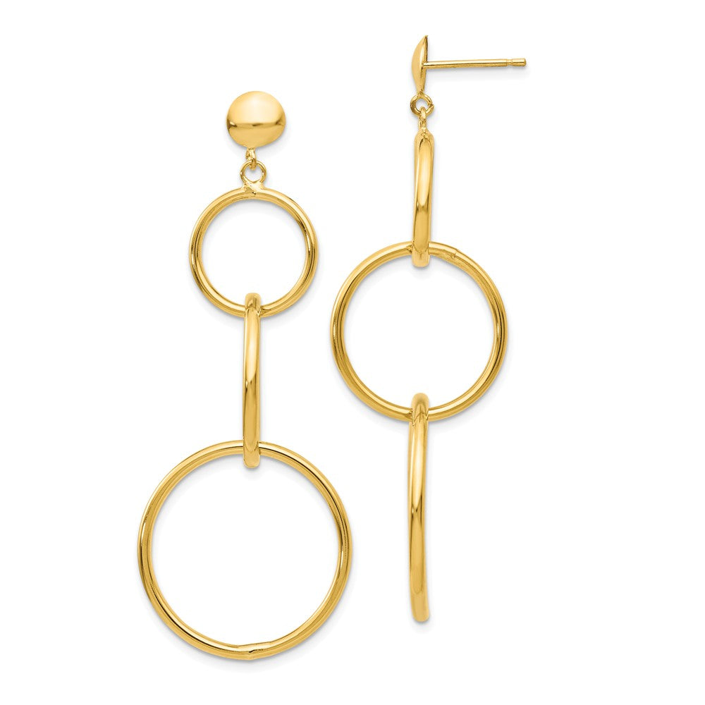 Million Charms 14k Yellow Gold Triple Ring Dangle Post Earrings, 51mm x 17mm