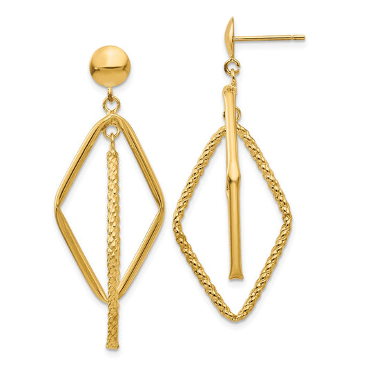 Million Charms 14k Yellow Gold Polished & Patterned Diamond Shaped Post Earrings, 44mm x 14mm