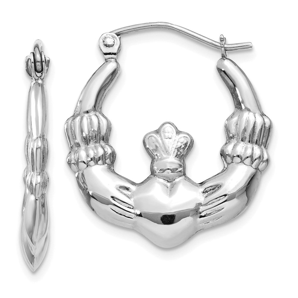 Million Charms 14k White Gold Claddagh Hoop Earrings, 13mm x 3mm