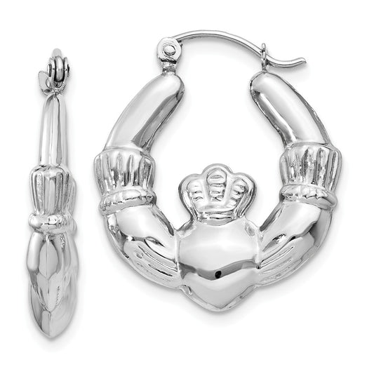 Million Charms 14k White Gold Claddagh Hoop Earrings, 10mm x 4mm