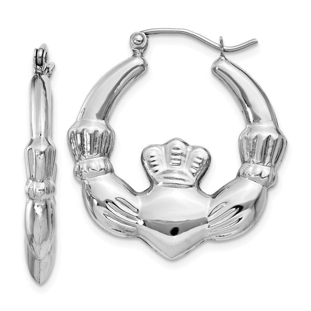 Million Charms 14k White Gold Claddagh Hoop Earrings, 16mm x 4mm