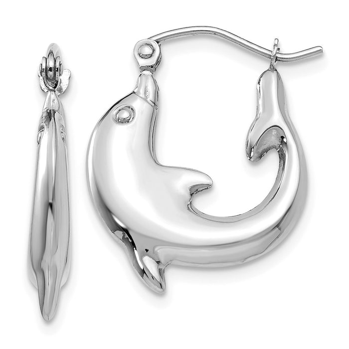 Million Charms 14k White Gold Polished Dolphin Hoop Earrings, 10mm x 3mm