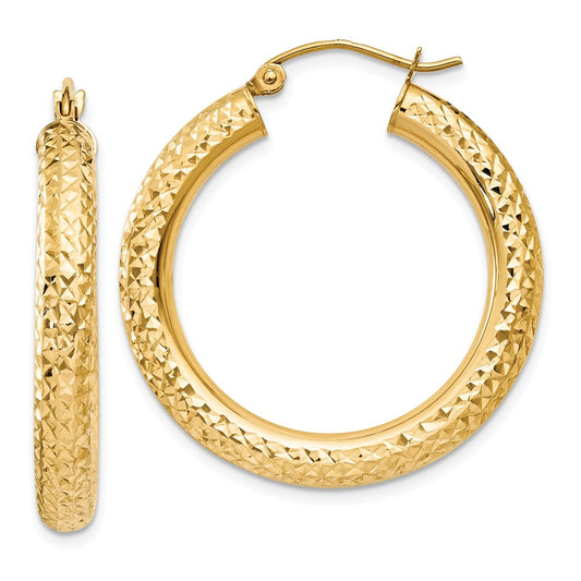 Million Charms 14k Yellow Gold Diamond-cut 4mm Round Hoop Earrings, 30mm x 4mm