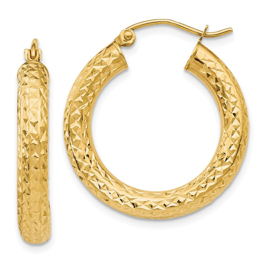 Million Charms 14k Yellow Gold Diamond-cut 4mm Round Hoop Earrings, 25mm x 4mm