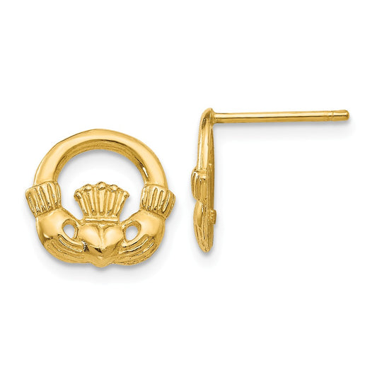 Million Charms 14k Yellow Gold Claddagh Post Earrings, 10mm x 11mm