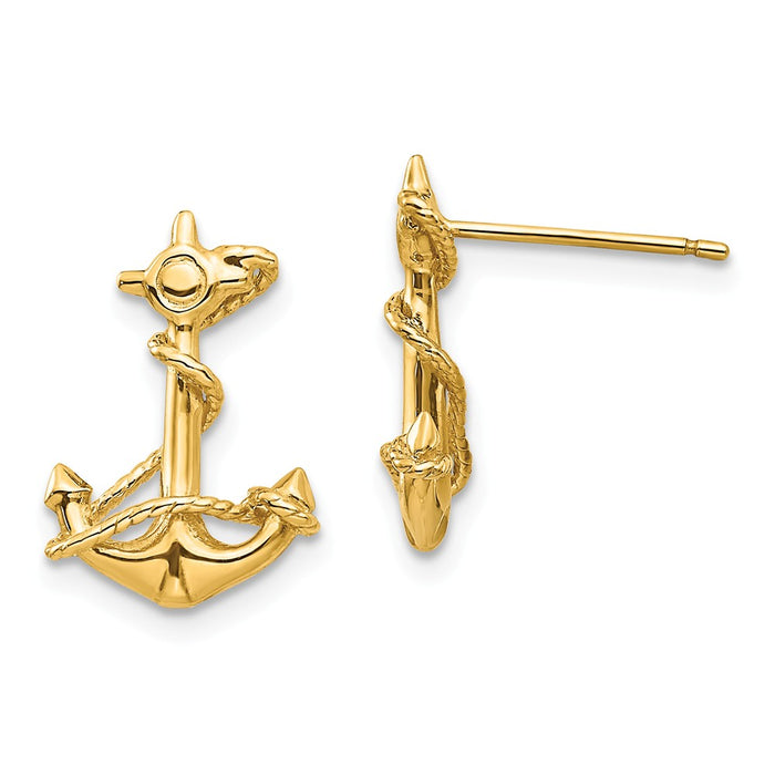 Million Charms 14k Yellow Gold 3-D Anchor with Rope Post Earrings, 16mm x 11mm