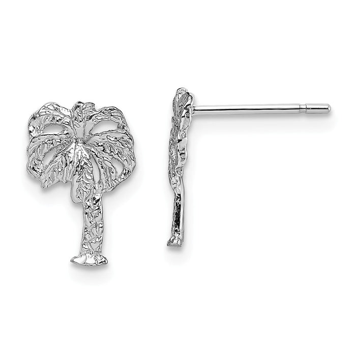 Million Charms 14k White Gold Palm Tree Post Earrings, 10.8mm x 7.1mm