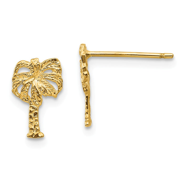 Million Charms 14k Yellow Gold Palm Tree Post Earrings, 11mm x 7mm