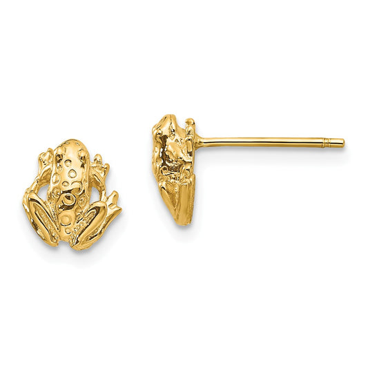 Million Charms 14k Yellow Gold Mini Frog Post Earrings, 9mm x 8mm