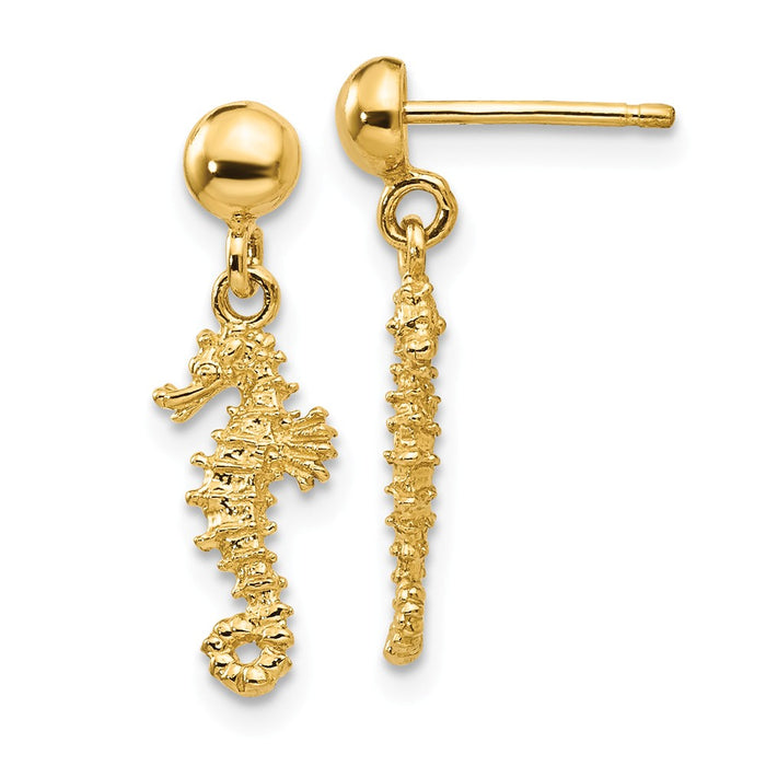 Million Charms 14k Yellow Gold 3-D Mini Seahorse Dangle Post Earrings, 20mm x 6mm