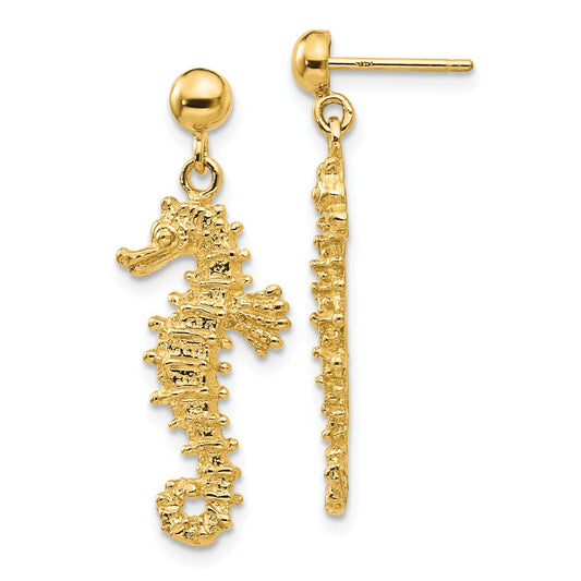 Million Charms 14k Yellow Gold Large Seahorse Dangle Post Earrings, 29mm x 11mm