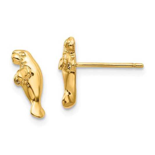 Million Charms 14k Yellow Gold Mini Manatee Post Earrings, 12mm x 5mm