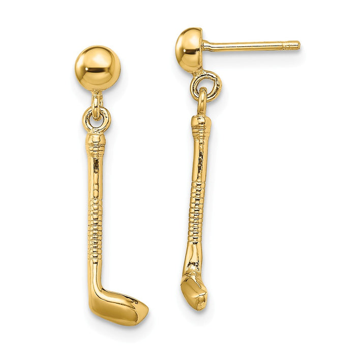 Million Charms 14k Yellow Gold Golf Club Dangle Earrings, 23mm x 5mm