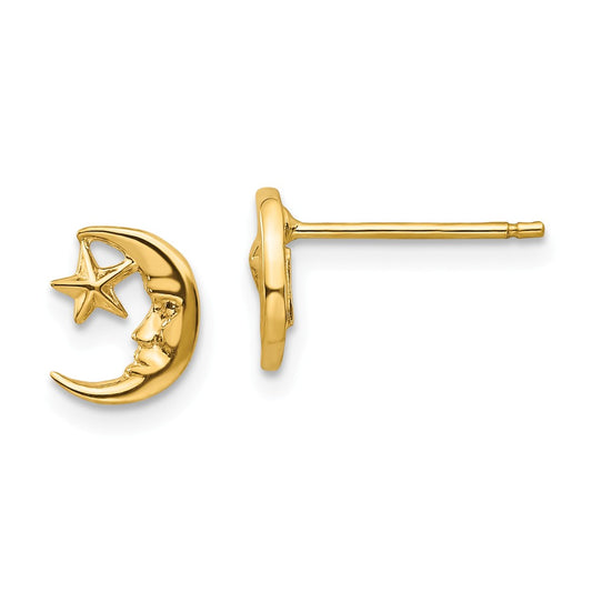 Million Charms 14k Yellow Gold Moon and Star Post Earrings, 8mm x 8mm