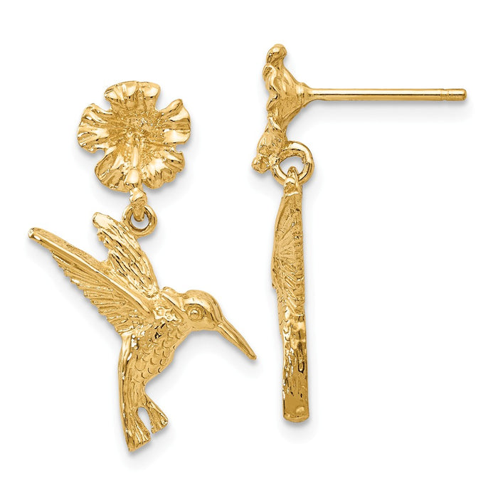 Million Charms 14k Yellow Gold Hummingbird Dangles from Flower Post Earrings, 24mm x 14mm