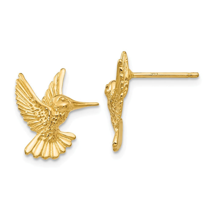 Million Charms 14k Yellow Gold Hummingbird Post Earrings, 15mm x 13mm