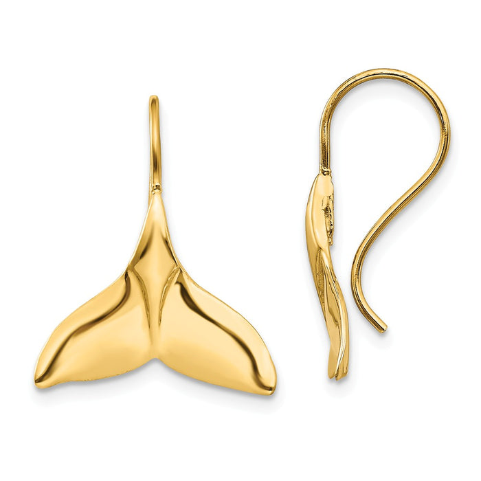 Million Charms 14k Yellow Gold Whale Tail Wire Earrings, 29mm x 17mm