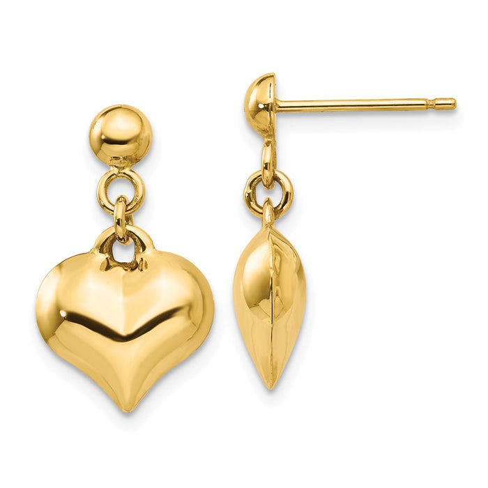 Million Charms 14k Yellow Gold Polished Puffed Heart Dangle Post Earrings, 16mm x 12mm