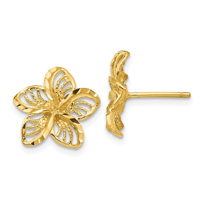 Million Charms 14k Yellow Gold Diamond-cut Filigree Plumeria Earrings, 11mm x 12mm