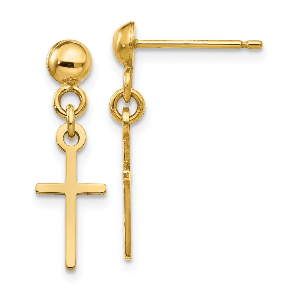 Million Charms 14k Yellow Gold Polished Cross Dangle Post Earrings, 19mm x 6mm