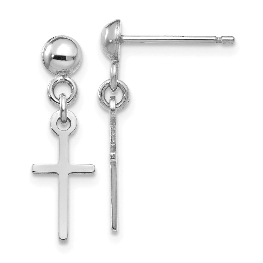 Million Charms 14k White Gold Polished Cross Dangle Post Earrings, 20.5mm x 6mm