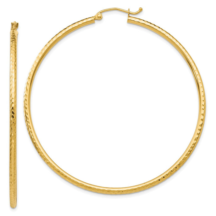 Million Charms 14k Yellow Gold Diamond-cut 2mm Round Tube Hoop Earrings, 55mm x 2mm