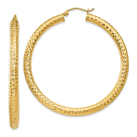 Million Charms 14k Yellow Gold Diamond-cut 4mm Round Hoop Earrings, 50mm x 4mm