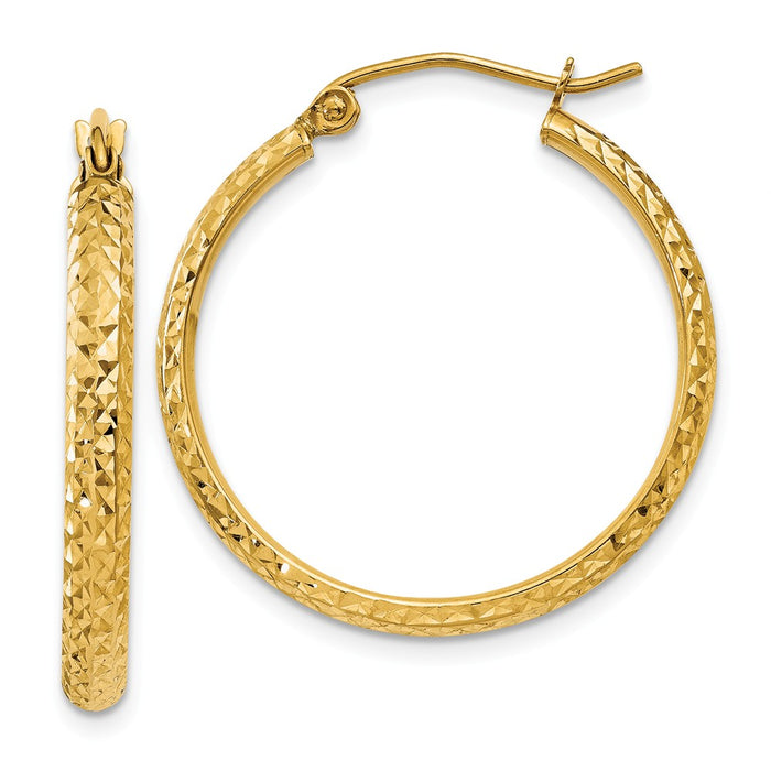 Million Charms 14k Yellow Gold Diamond-cut 2.8x25mm Hollow Hoop Earrings, 25mm x 2.8mm