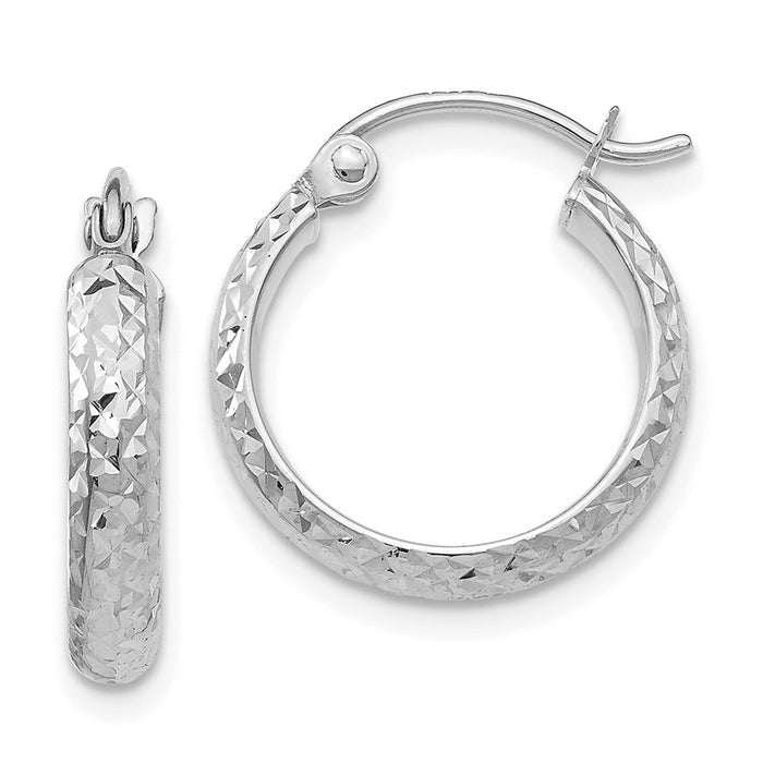 Million Charms 14K White Gold Diamond-cut 2.8x15mm Hollow Hoop Earrings, 15mm x 2.8mm