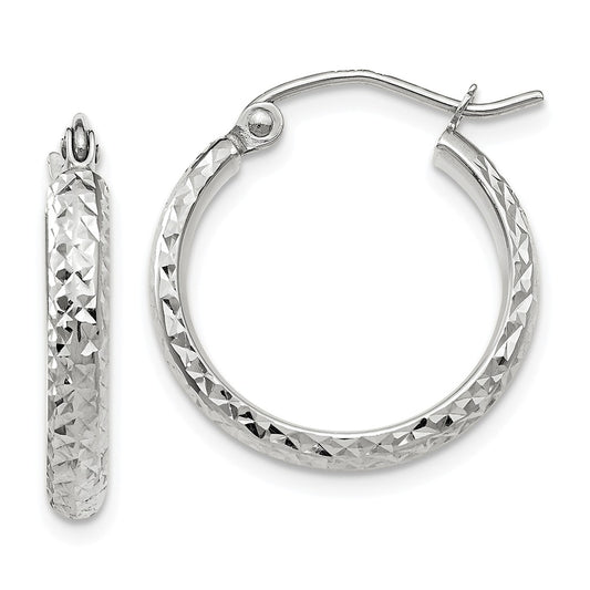 Million Charms 14K White Gold Diamond-cut 2.8x18mm Hollow Hoop Earrings, 18mm x 2.8mm
