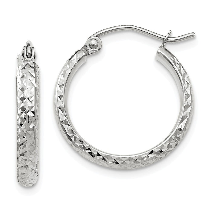 Million Charms 14K White Gold Diamond-cut 2.8x18mm Hollow Hoop Earrings, 18mm x 2.8mm