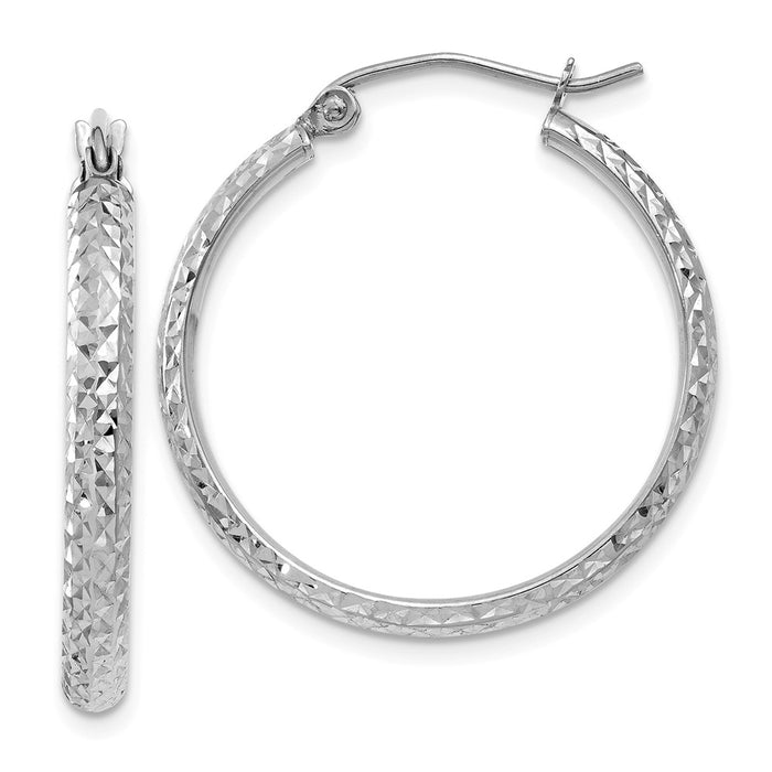 Million Charms 14K White Gold Diamond-cut 2.8x25mm Hollow Hoop Earrings, 25mm x 2.8mm