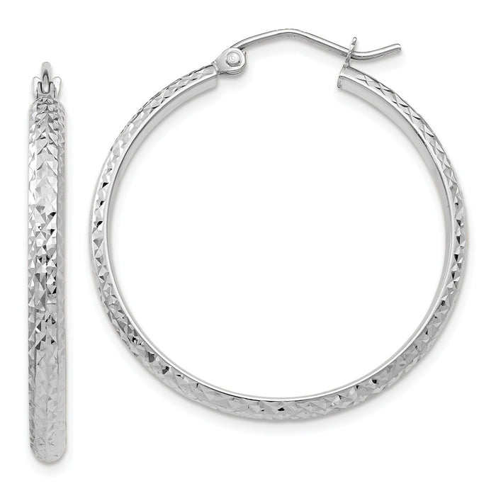 Million Charms 14K White Gold Diamond-cut 2.8x30mm Hollow Hoop Earrings, 30mm x 2.8mm