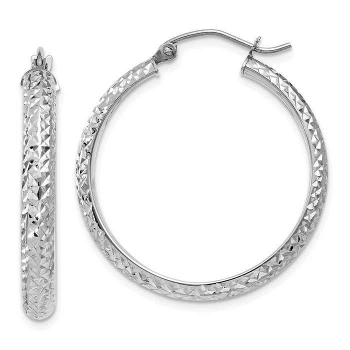 Million Charms 14K White Gold Diamond-cut 3.5x28mm Hollow Hoop Earrings, 28mm x 3.5mm