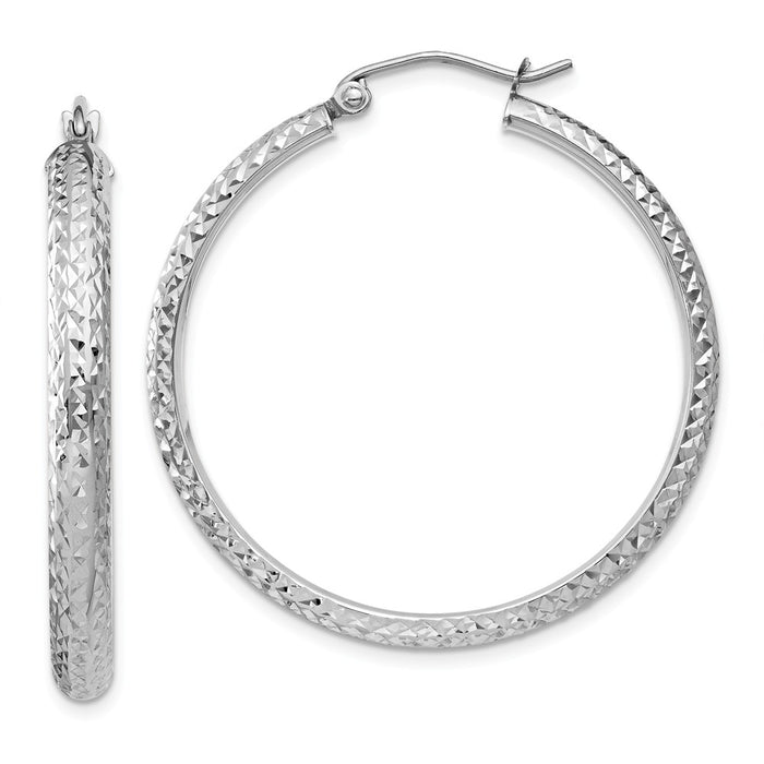 Million Charms 14K White Gold Diamond-cut 3.5x34mm Hollow Hoop Earrings, 34mm x 3.5mm