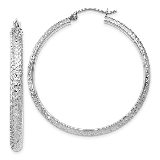 Million Charms 14K White Gold Diamond-cut 3.5x38mm Hollow Hoop Earrings, 38mm x 3.5mm