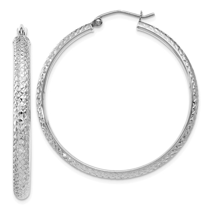 Million Charms 14K White Gold Diamond-cut 3.5x38mm Hollow Hoop Earrings, 38mm x 3.5mm