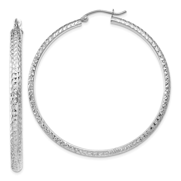 Million Charms 14K White Gold Diamond-cut 3.5x46mm Hollow Hoop Earrings, 46mm x 3.5mm